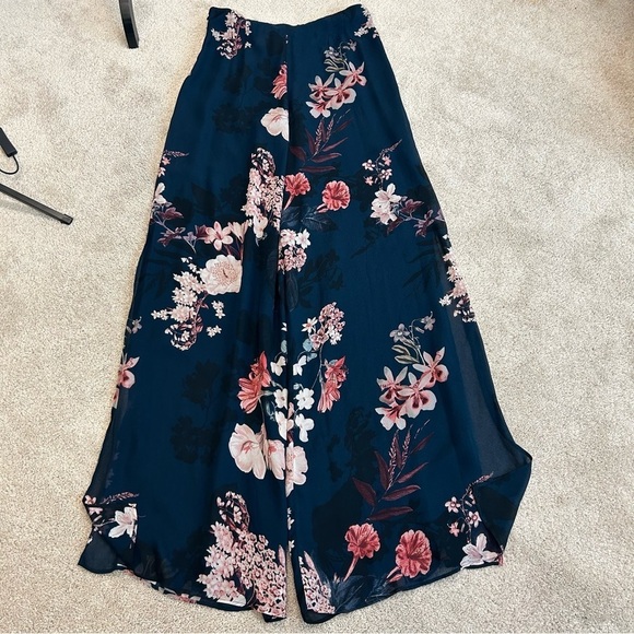 ZARA navy blue pink floral flower chiffon wide leg slit hem pants Sz M - Picture 6 of 14